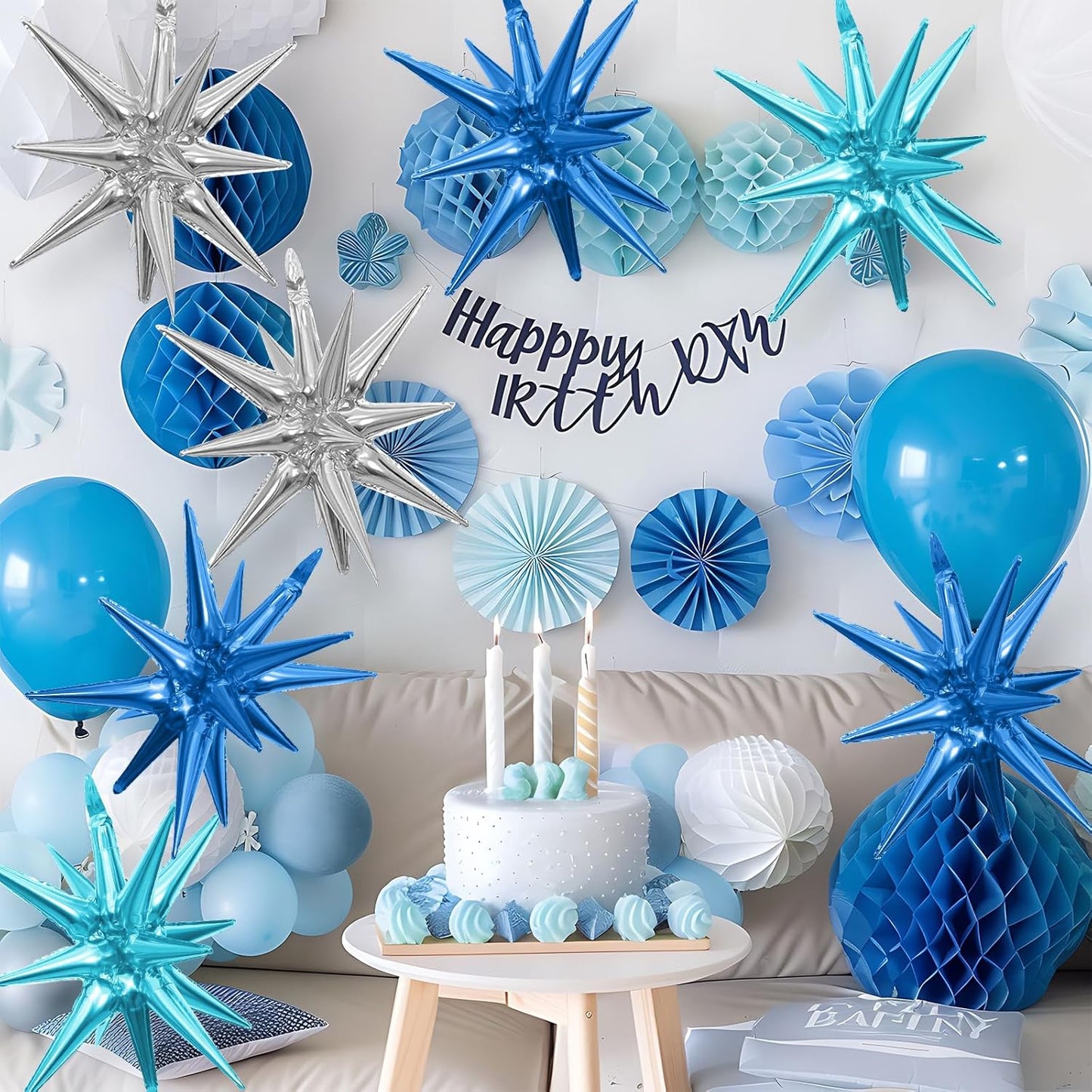 Blue Silver Star Balloons,9Pcs 22Inch Blue Silver Explosion Spike Cone Helium Polyester Film Star Foil Balloons for Birthday Anniversary Baby Shower Disco Party Decorations