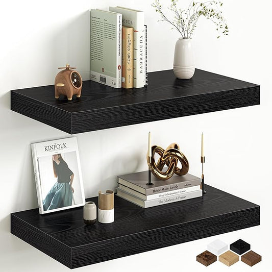 Fun Memories 12 Inch Deep Black Floating Shelf, 24 x 12 Rustic Wood Wall Shelf by FunMemories