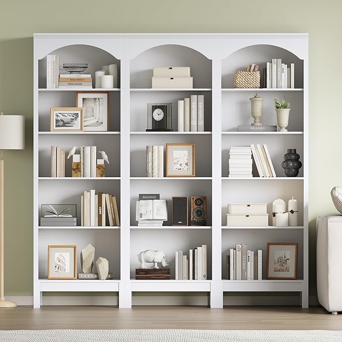 Arched Set of 2 Bookshelf with 5 Tier Open Shelves, Living Room, Modern White - Image 3