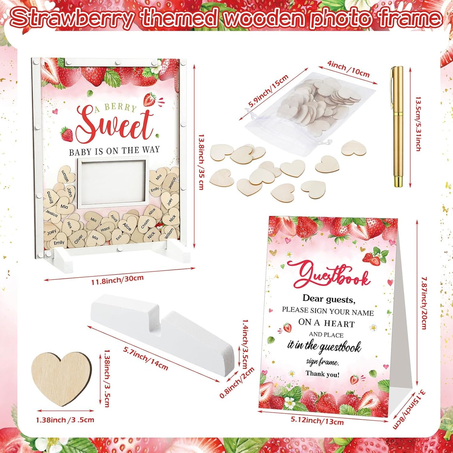 65 Pcs Strawberry Baby Shower Guest Book Berry Theme Baby Shower Decorations Alternatives He or She Gender Reveal Decorations Sign in Guest Book with Picture Frame and 60 Wooden Chip