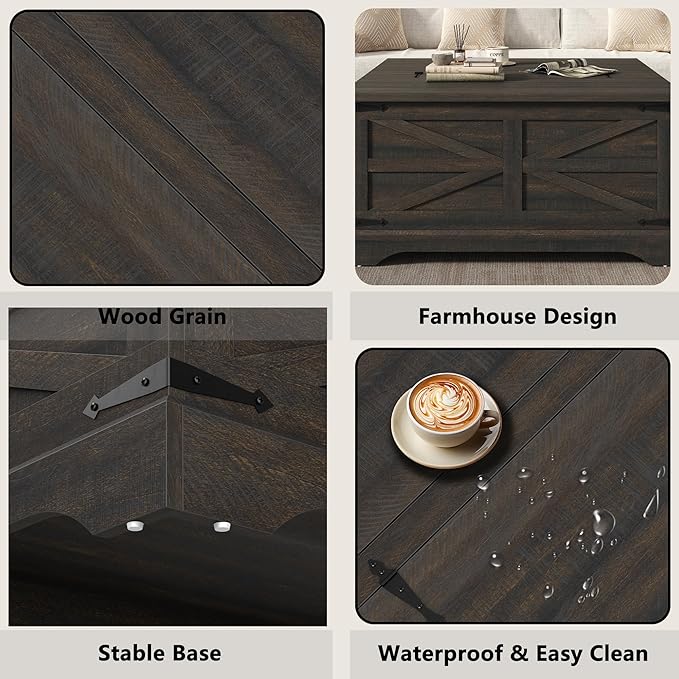 Furnideco 35.5''W Square Coffee Table Farmhouse Lift top Coffee Table - Image 6