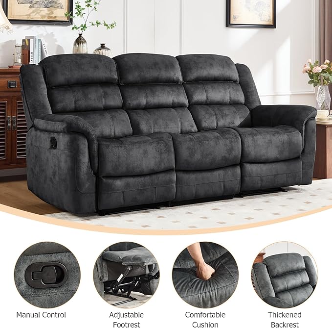 EBELLO 3 Pieces Reclining Living Room Set, Soft Fabric Manual Recliner Sofa - Image 3