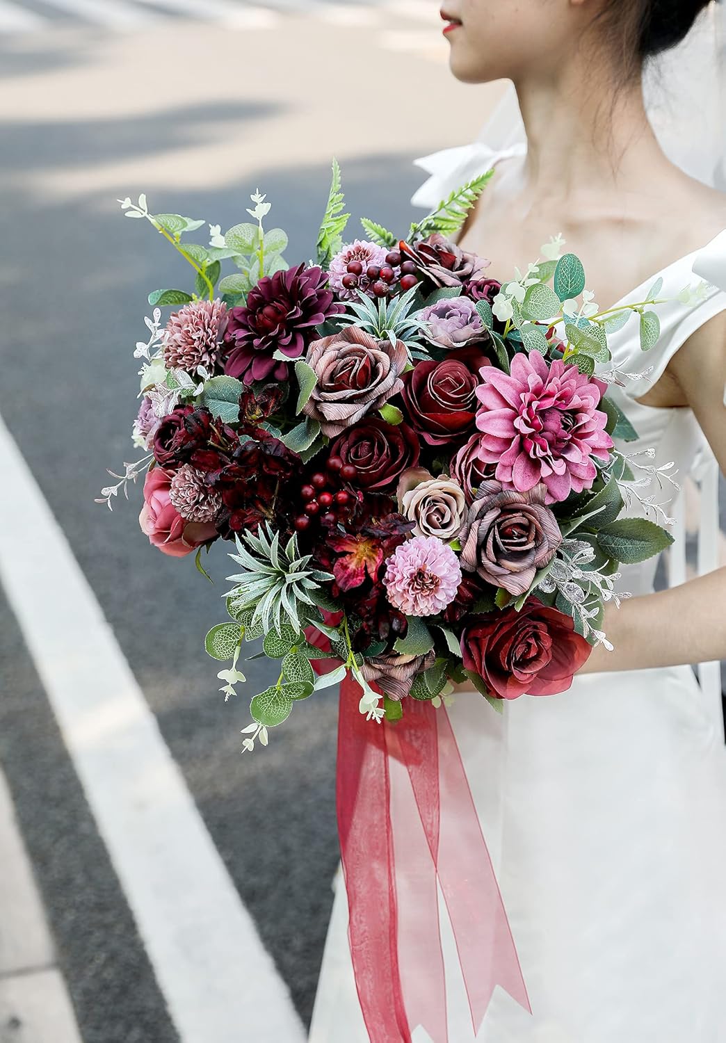 Serra Flora Artificial Flowers Combo Dahlia 25pcs Silk Fake Flowers Roses for DIY Wedding Bouquets Burgundy Centerpieces Arrangements Party Bridal Baby Shower Home Decorations(Burgundy)