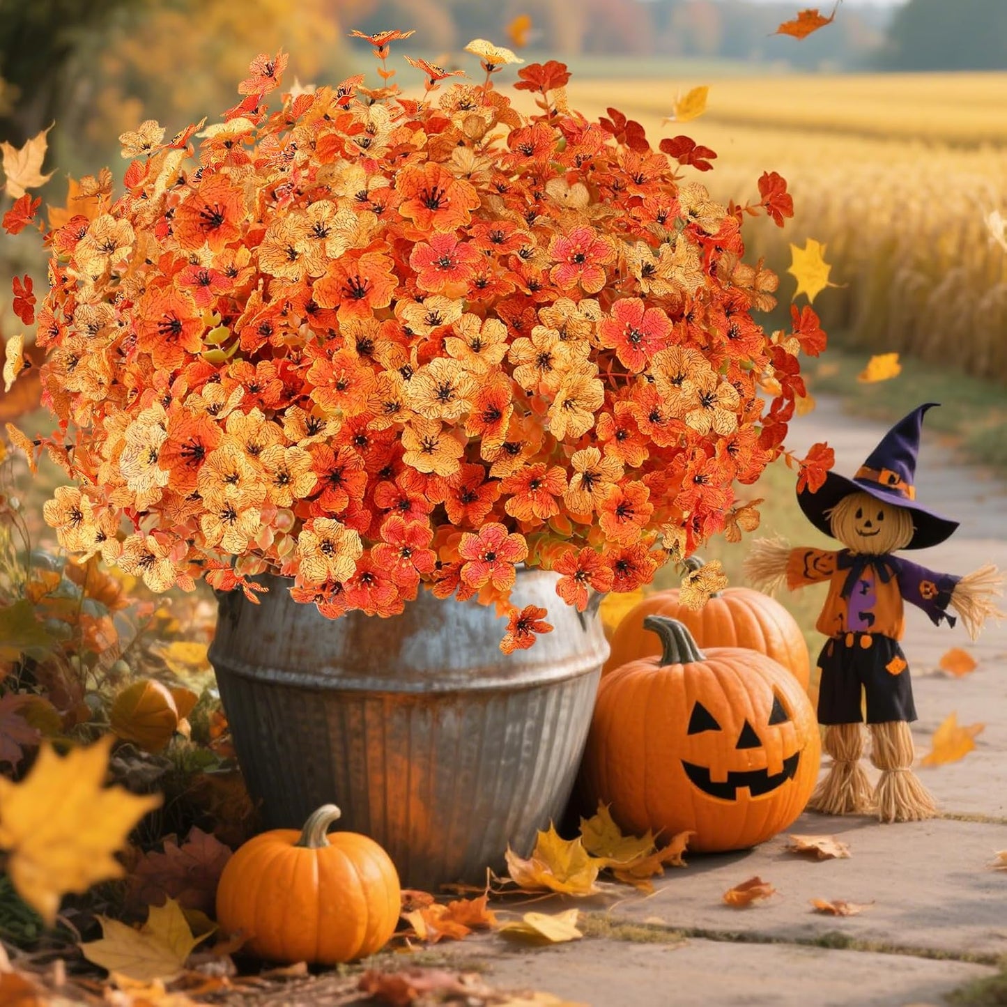 AmyHomie 16 Bundles Fall Orange Yellow Artificial Flowers for Outdoor Fall Decor UV Resistant Faux Flowers No Fade Fake Plastic Plants Garden Porch Window Box Decorating