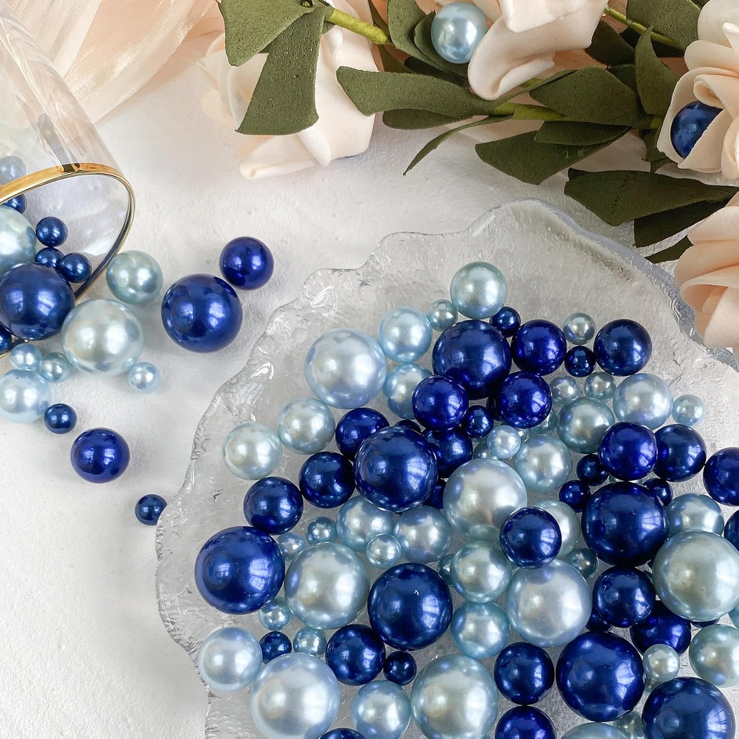 120 PCS 8/14/20mm No Hole Polish Pearl Beads for Centerpiece, Navy Blue & Light Blue Beads Decorative Vase Fillers, Plastics Pearls for Vases, Table Scatters, Wedding Party Decor