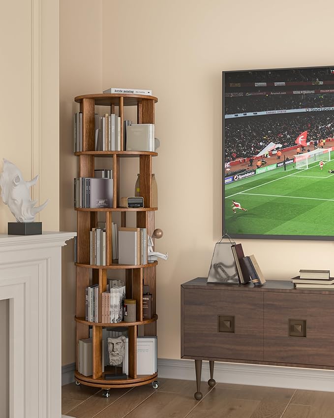 5-Tier Solid Wood Rotating Bookshelf on Wheels, 360° Spinning Book Shelf Tower - Image 9