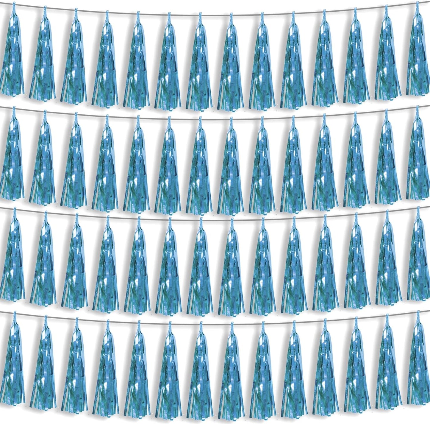 4P Light Blue Foil Fringe Metallic Streamers Banner Tassel Garland for Parade Floats, Bachelorette, Wedding, Birthday, Halloween, Christmas, Bridal/Baby Shower Party Decorations