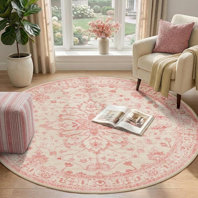 RELEANY Area Rugs Round 4ft Washable Non-Slip, Floral Vintage Distress Print - Image 2