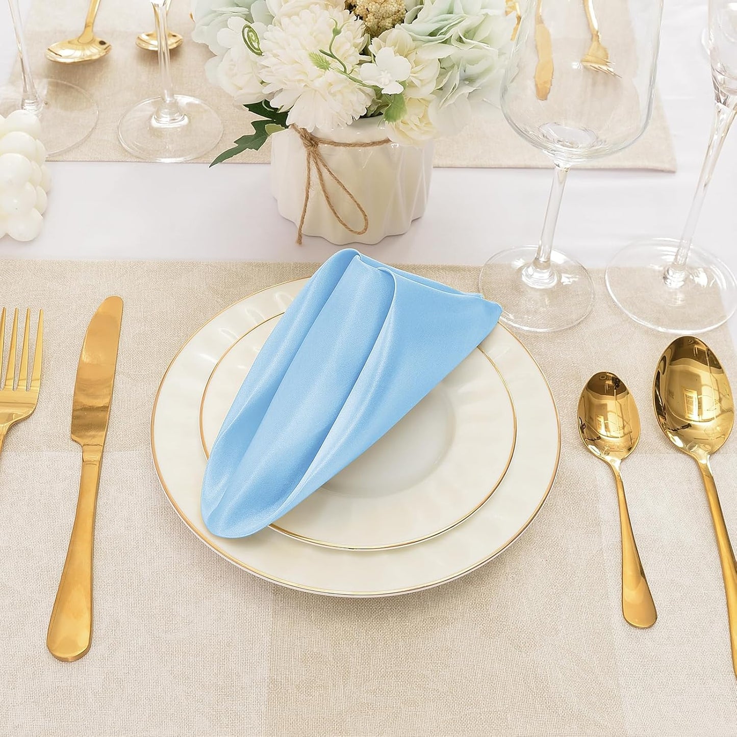 50 Pieces Light Blue Satin Napkins, 17" x 17" Square Table Napkins, Silky Soft Smooth Washable Napkins for Restaurant, Weddings, Dinner, Party Decoration