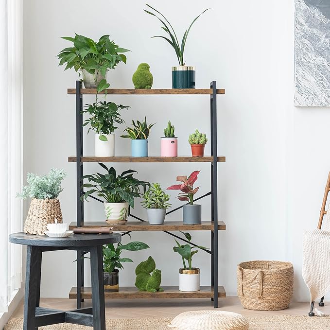 HCHQHS Bookshelf, 4-Tier Industrial Bookcase, Rustic Open Book Shelf, - Image 4