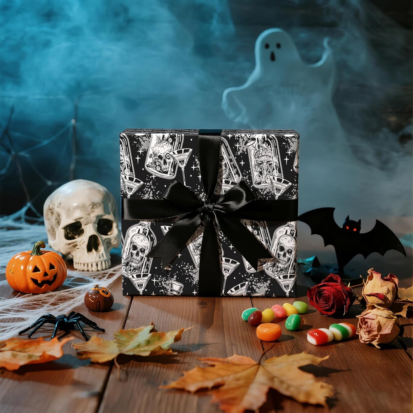 LeZakaa Halloween Wrapping Paper Roll, Gothic Skull-in-Bottle and Eye Cocktail Glass in Black, Spooky Gift Wrap for Horror Lovers, Goth Style Party, Trick or Treat, Mini Roll 17 In x 16.4 Feet