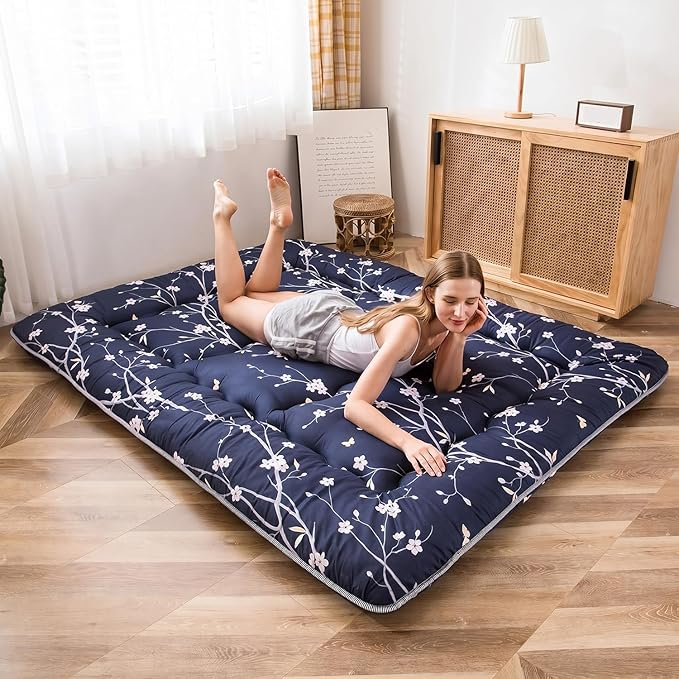 MAXYOYO Navy Floral Printed Japanese Floor Mattress Rustic Style Futon Mattress - Image 3
