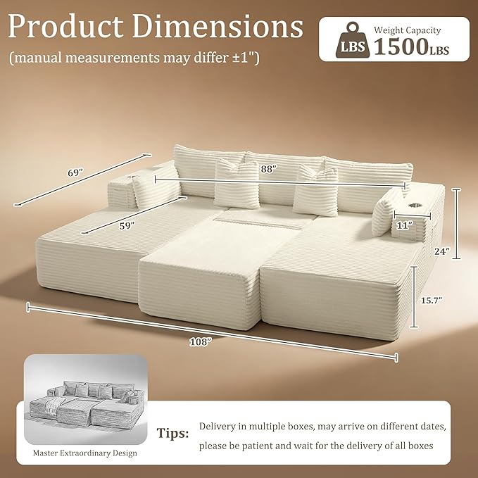 108" Cloud Sectional Couch, Comfort Sleep Sofa - Image 2