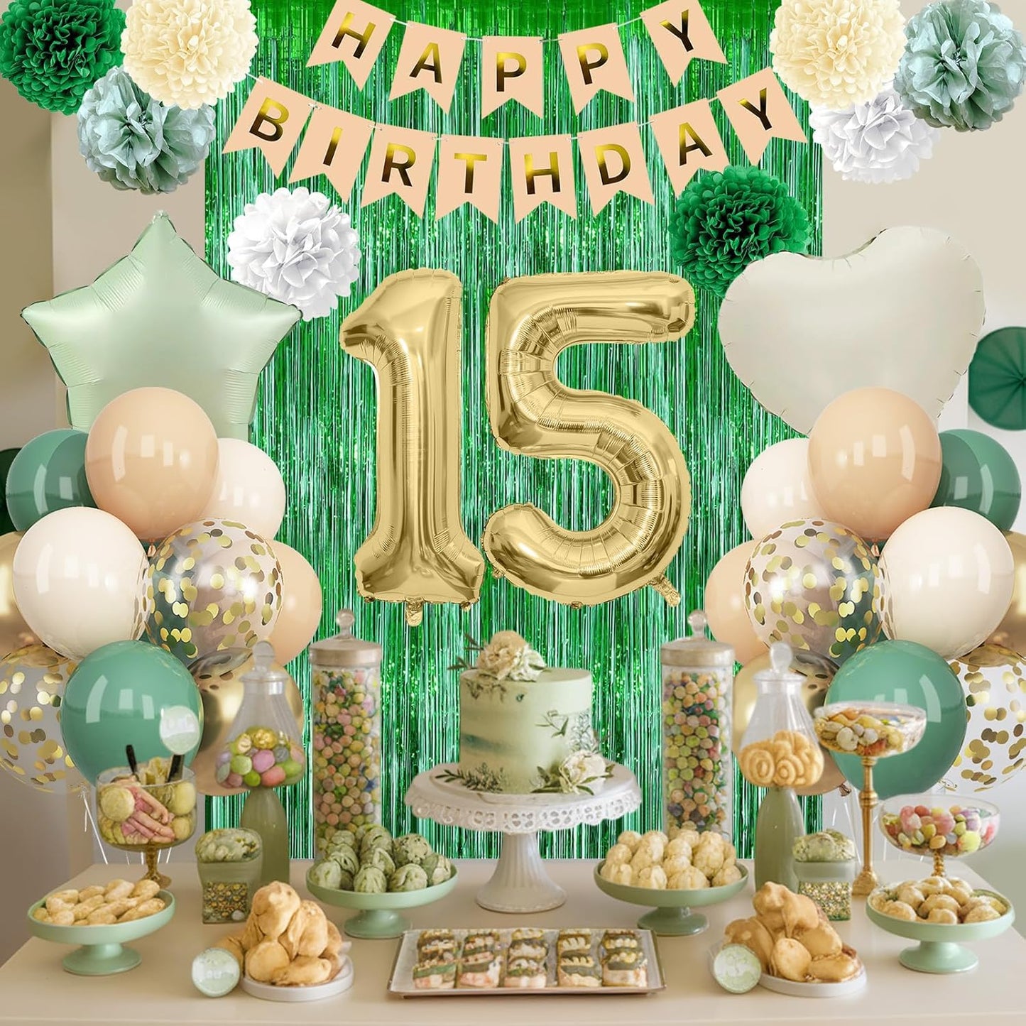 Sage Green 15th Birthday Decorations for Boys Girls Gold Number 15 Balloon Nude Gold Happy Birthday Banner Fringe Curtain Paper Pom Poms Olive Green Cream White Sand Star Foil Balloons Party Decor