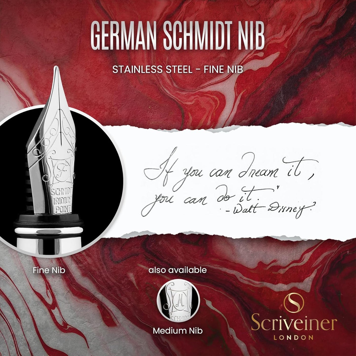 Scriveiner Deep Crimson Red Fountain Pen - Stunning Luxury Pen with Chrome Finish, Schmidt Nib (Fine), Best Pen Gift Set for Men & Women, Professional, Executive, Office, Nice Pens