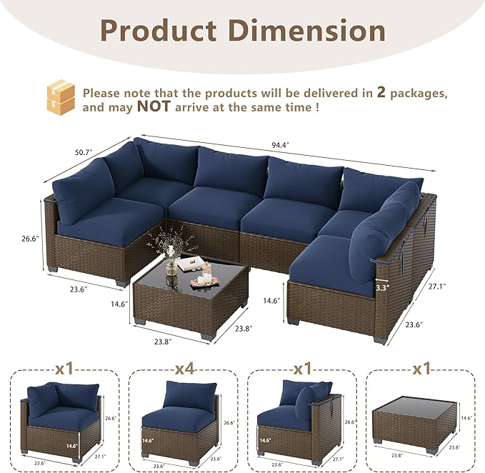 LOUVIXA 7 Piece Outdoor Patio Furniture Set, Outdoor Sectional Sofa, Wicker - Image 2