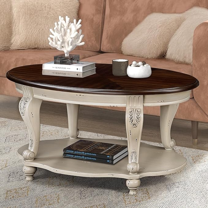 Oval Wood Coffee Table for Living Room, 2-Tier Solid Wood Coffee Table - Image 2