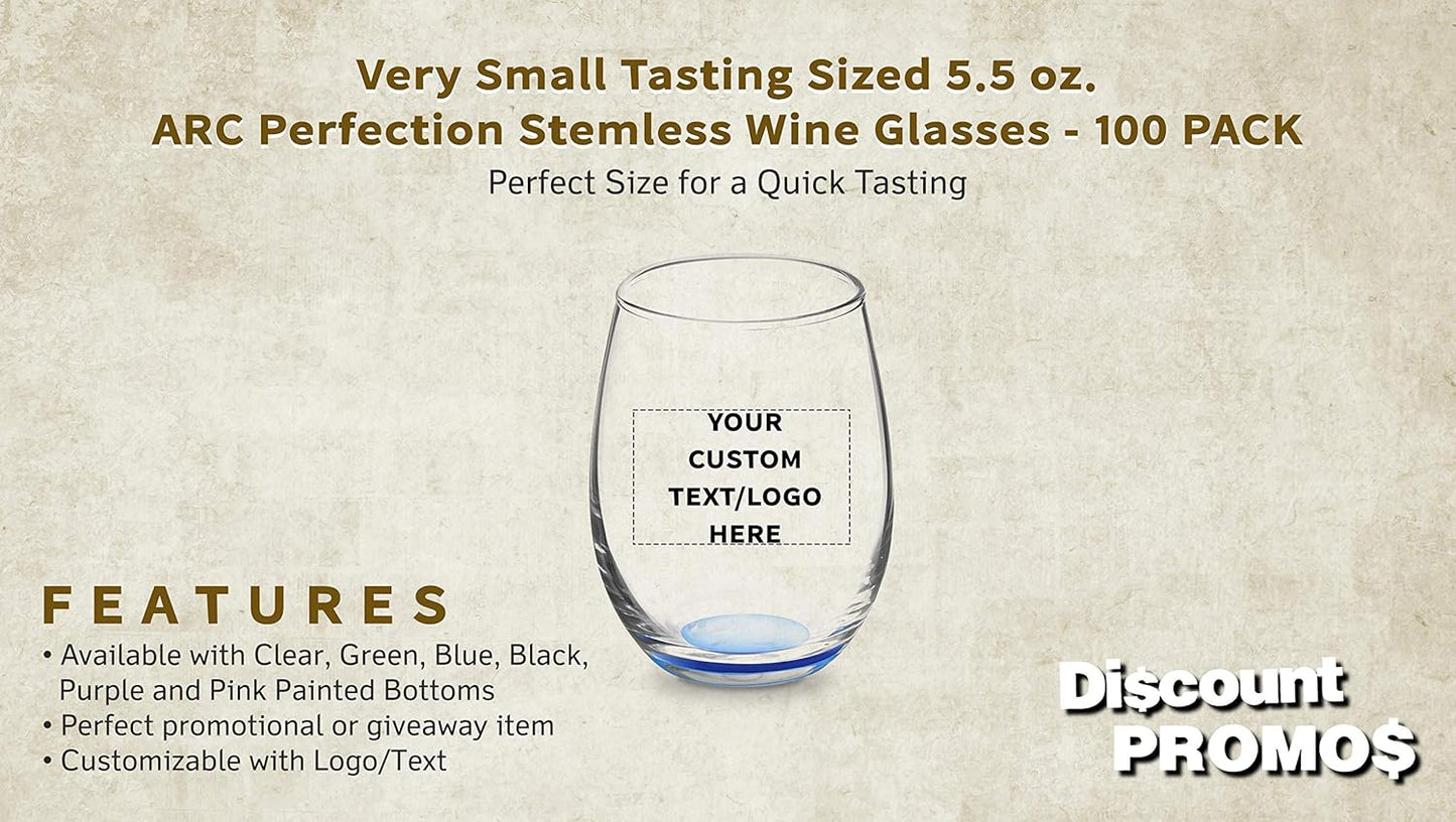 Custom Stemless Wine Glasses by ARC 5.5 oz. Set of 100, Personalized Bulk Pack - Perfect for Hotel, Bar, Restaurant or Lounge - Blue