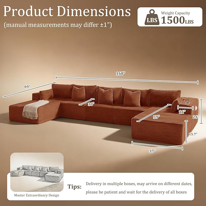 168" Cloud Sectional Couch, Comfort U Shaped Sofa - Image 2