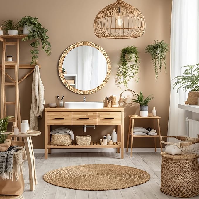 Barnyard Designs Round Rattan Wall Mirror, Natural Tan Woven Rattan Frame - Image 5