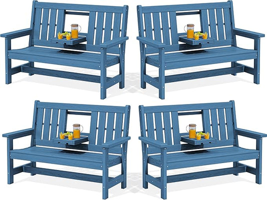 SERWALL Outdoor Bench with Cup Holder, Oversized 58" HDPE Porch Bench Suitable by SERWALL