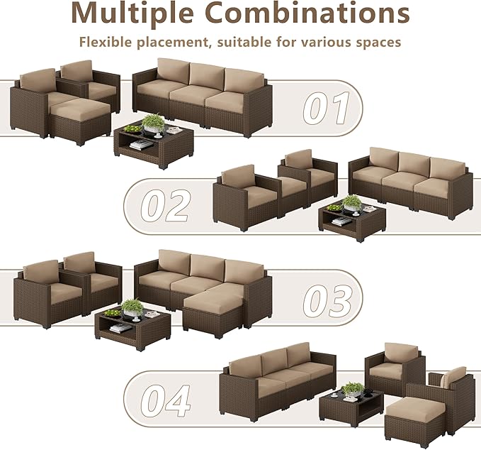 LOUVIXA 7 Piece Outdoor Patio Furniture Set, Rattan Chairs Glass Table Wicker - Image 4