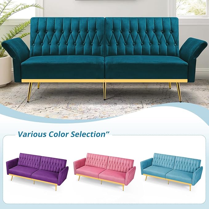 70” Velvet Futon Sofa Bed w/Adjustable Armrests and Backrest, Convertible Futon - Image 7