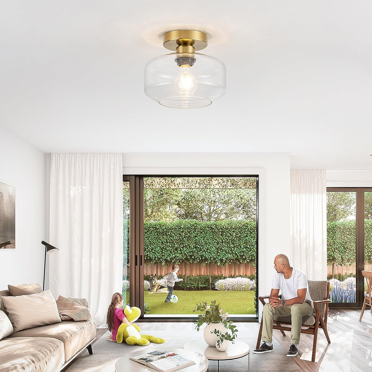 Golden Semi Flush Mount Ceiling Light - Includes 900LM Bulb (60W Eqv) - Clear Glass & Brass Fixture for Hallway, Bathroom, Kitchen Lighting