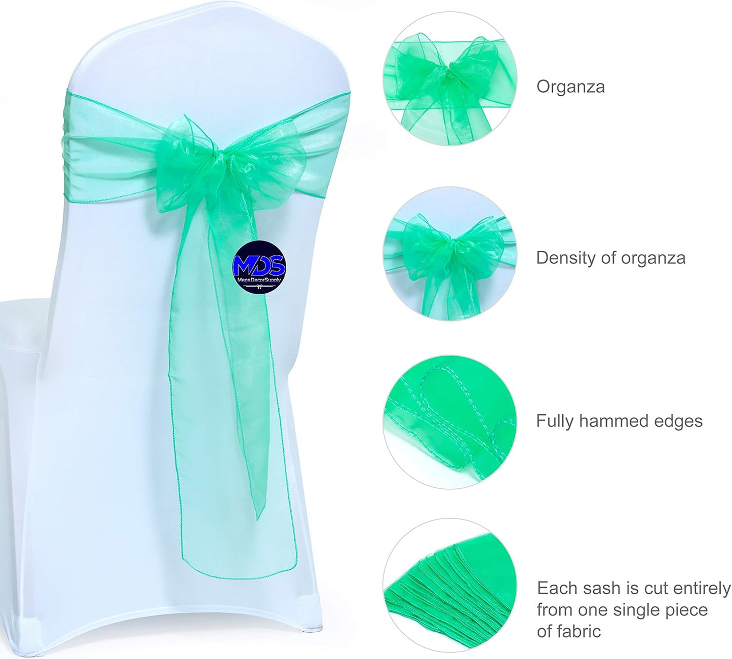 MDS Pack of 150 PCS Organza Chair Sashes Wider Dining Chair Bows Ribbon Tie Back for Wedding Party Birthday Bridal Shower Reception Event Banquet Home Chair Cover Decoration - Mint