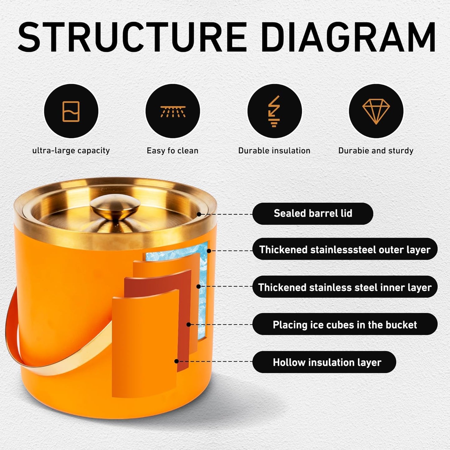 3L Double Wall Insulated Stainless Steel Ice Bucket with Strainer for Cocktail Bar,Metal Ice Bucket for freezer with Lid for parties.ice Container to Keep Ice Colder,bar cart accessories(Orange)