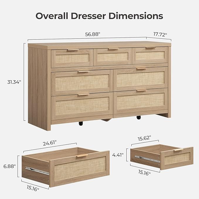 SICOTAS 7 Drawer Dressers for Bedroom Set 2, Long Rattan Dresser, Dresser TV - Image 3