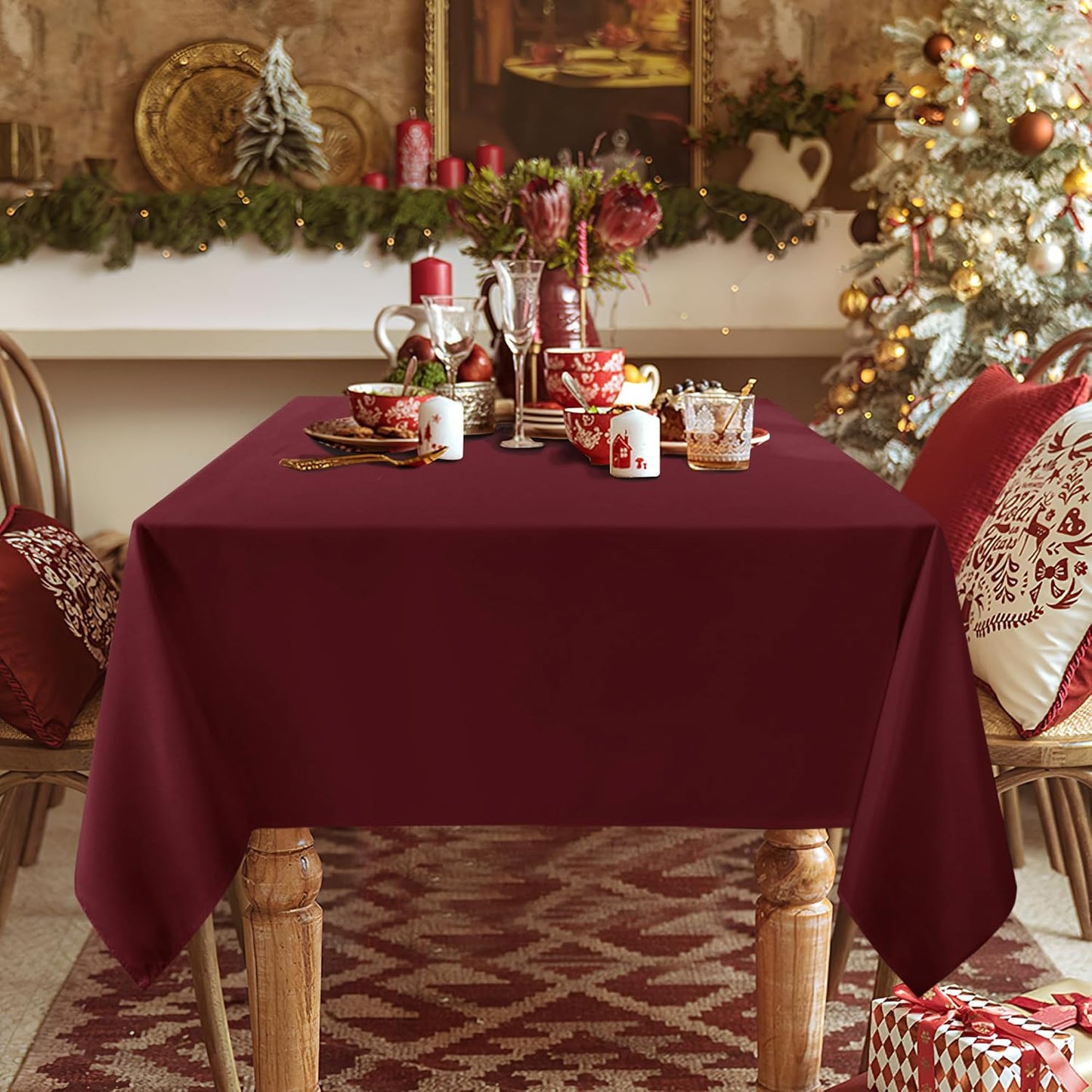sancua 2 Pack Burgundy Tablecloth 60 x 120 Inch, Rectangle 8 Feet Table Cloth - Stain and Wrinkle Resistant Washable Polyester Table Cover for Dining Tables, Buffet Parties and Camping