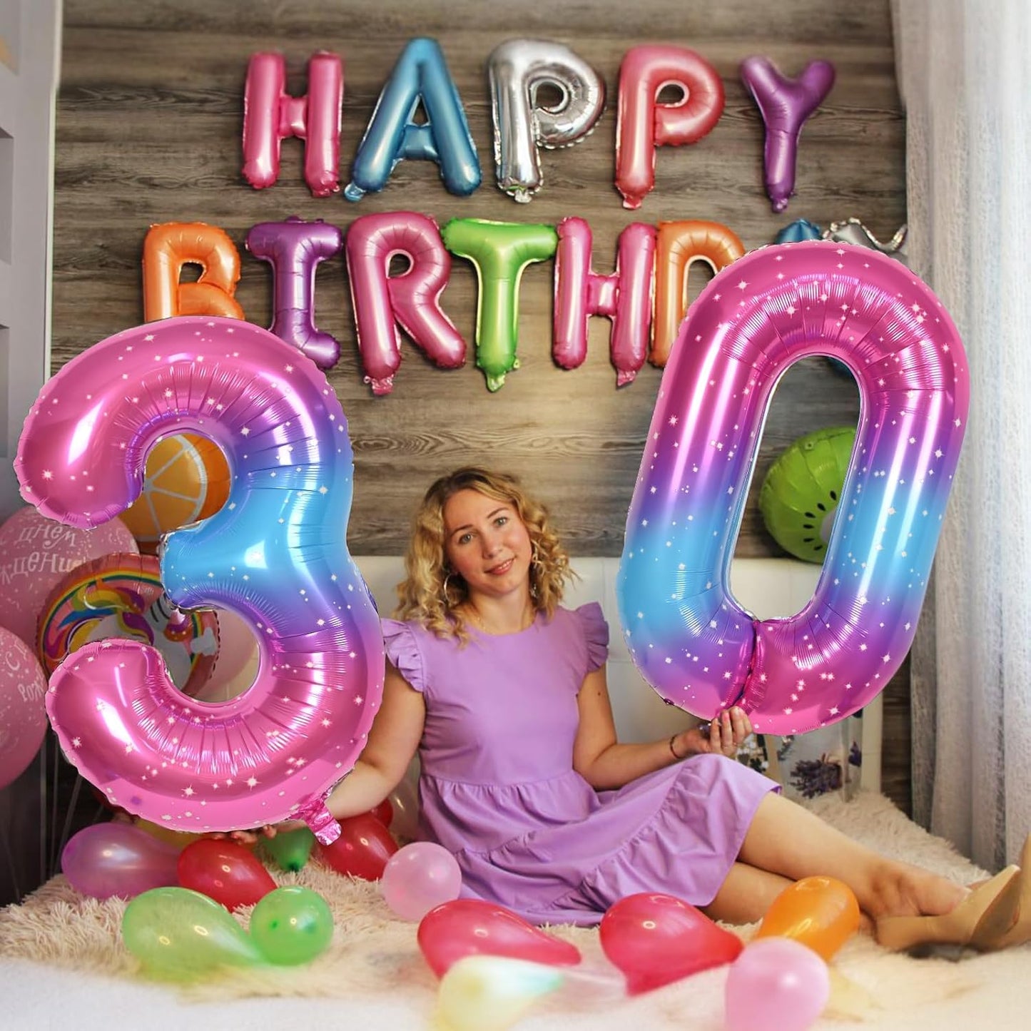 40 Inch Rainbow Gradient Balloon Number 9 Beige, Large Blue Pink Purple Foil Number Balloons Set 0-9, Starry Digital 9 Helium Balloons for Girls Women 9th Birthday Anniversary Party Decoration