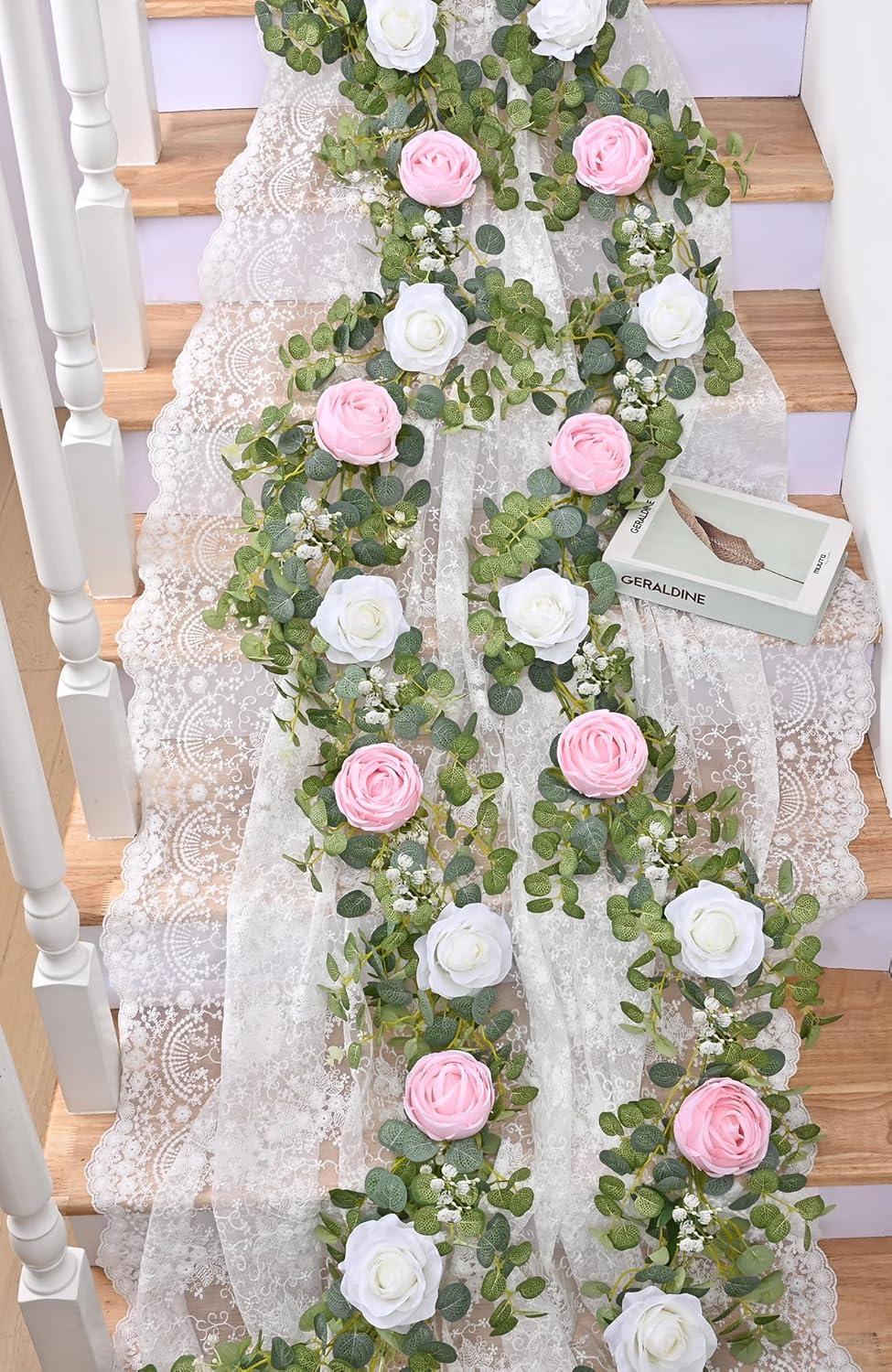 Waipfaru 6.07FT Artificial Eucalyptus Garland with Flowers, Fake Rose Gypsophila Floral Garland, Floral Vines for Wedding Table Backdrop Party Centerpiece Room Decor