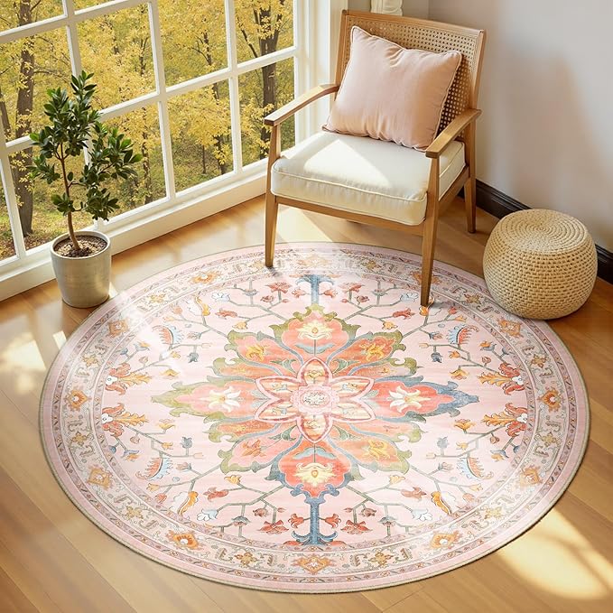 RELEANY Area Rugs Round 6ft Washable Non-Slip, Floral Vintage Distress Print - Image 2