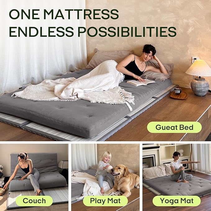 ZonLi Japanese Floor Futon Mattress Queen Size 80"x 60", 100% Cotton Cover 4'' - Image 5