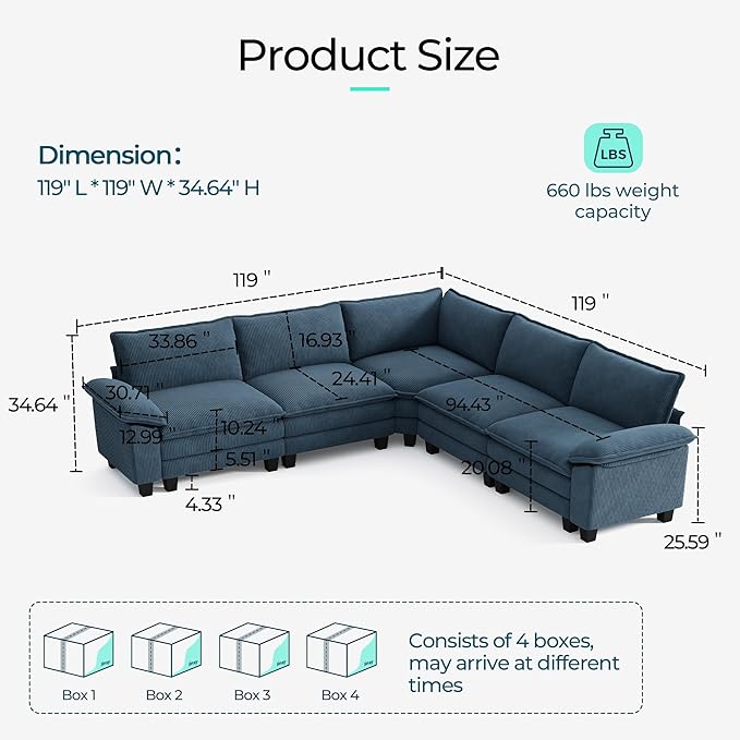 LINSY HOME Modular Sectional Sofa, 5-Seat Corduroy Modern Cloud Couch - Image 2