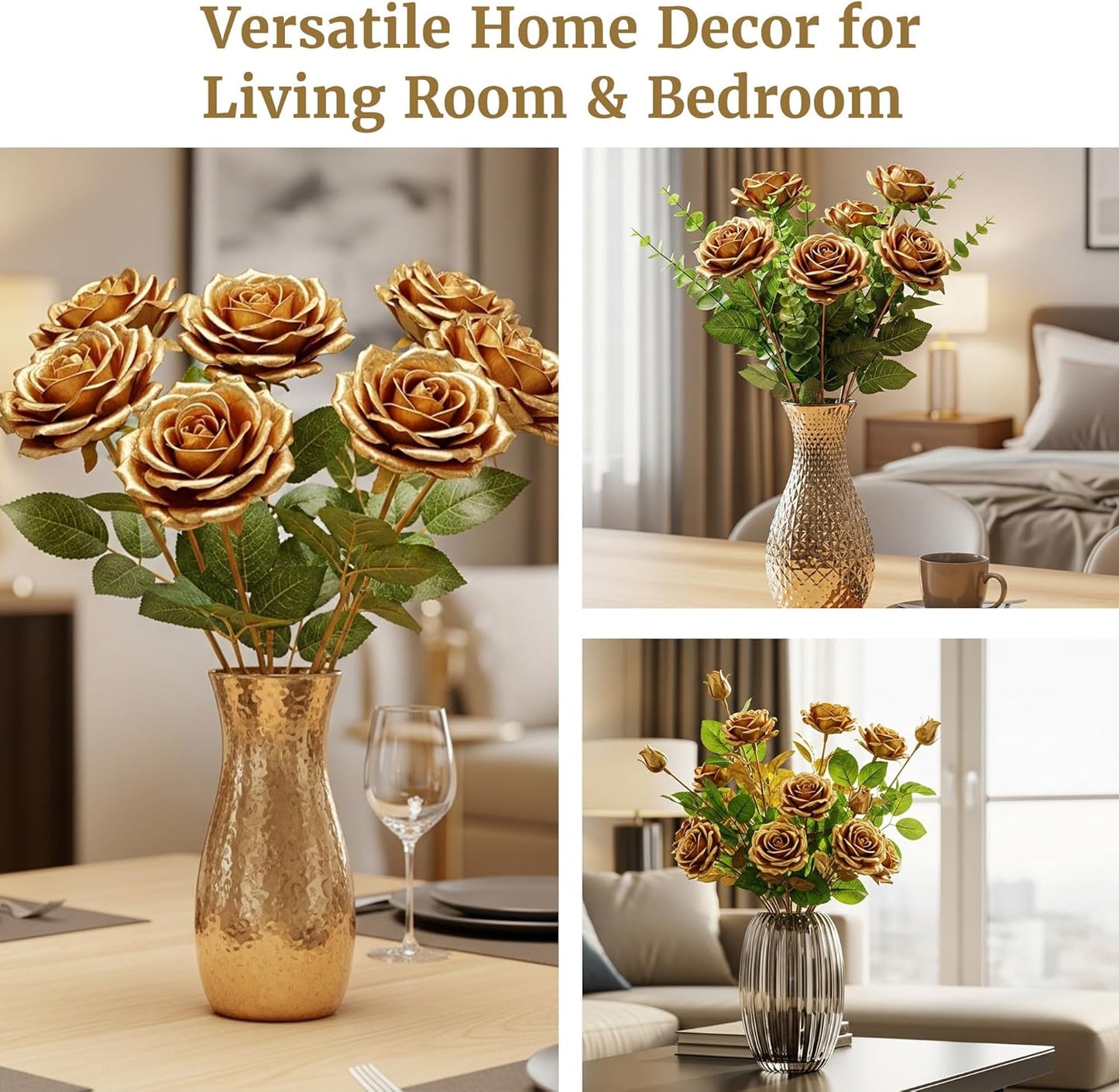 Auihiay 60PCS Gold Rose Artificial Flowers, Faux Silk Roses, Realistic Roses Bouquet for Anniversary, Baby Shower, Birthday, Graduation, Table Centerpieces, Cake Flower, Valentine's Day Decorations