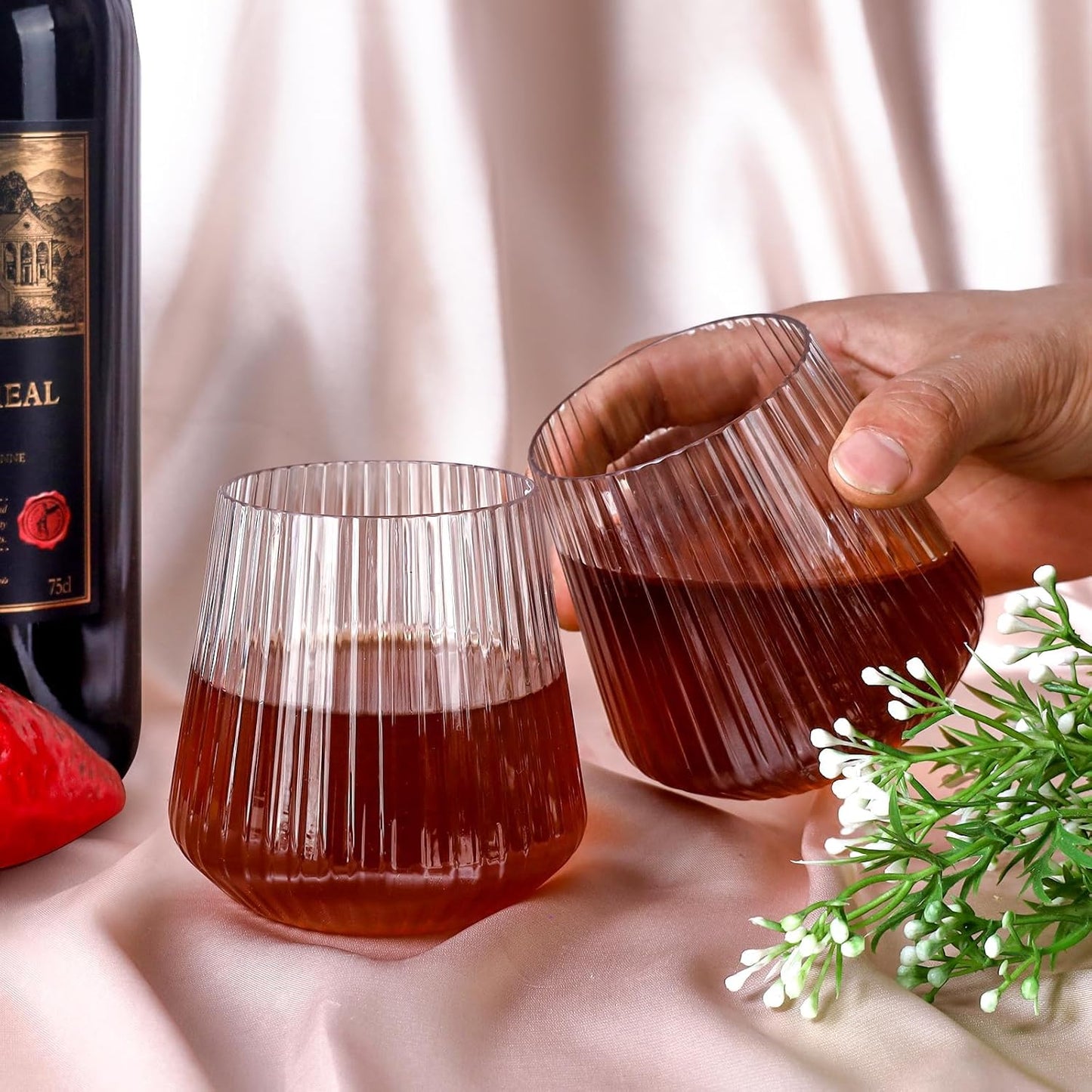 40 Pack Plastic Ribbed Wine Glasses, 14Oz Origami Disposable Wine Glasses Unbreakable Clear Plastic Cocktail Glasses Recyclable Shatterproof Reusable Wine Cups (14oz 40pack)