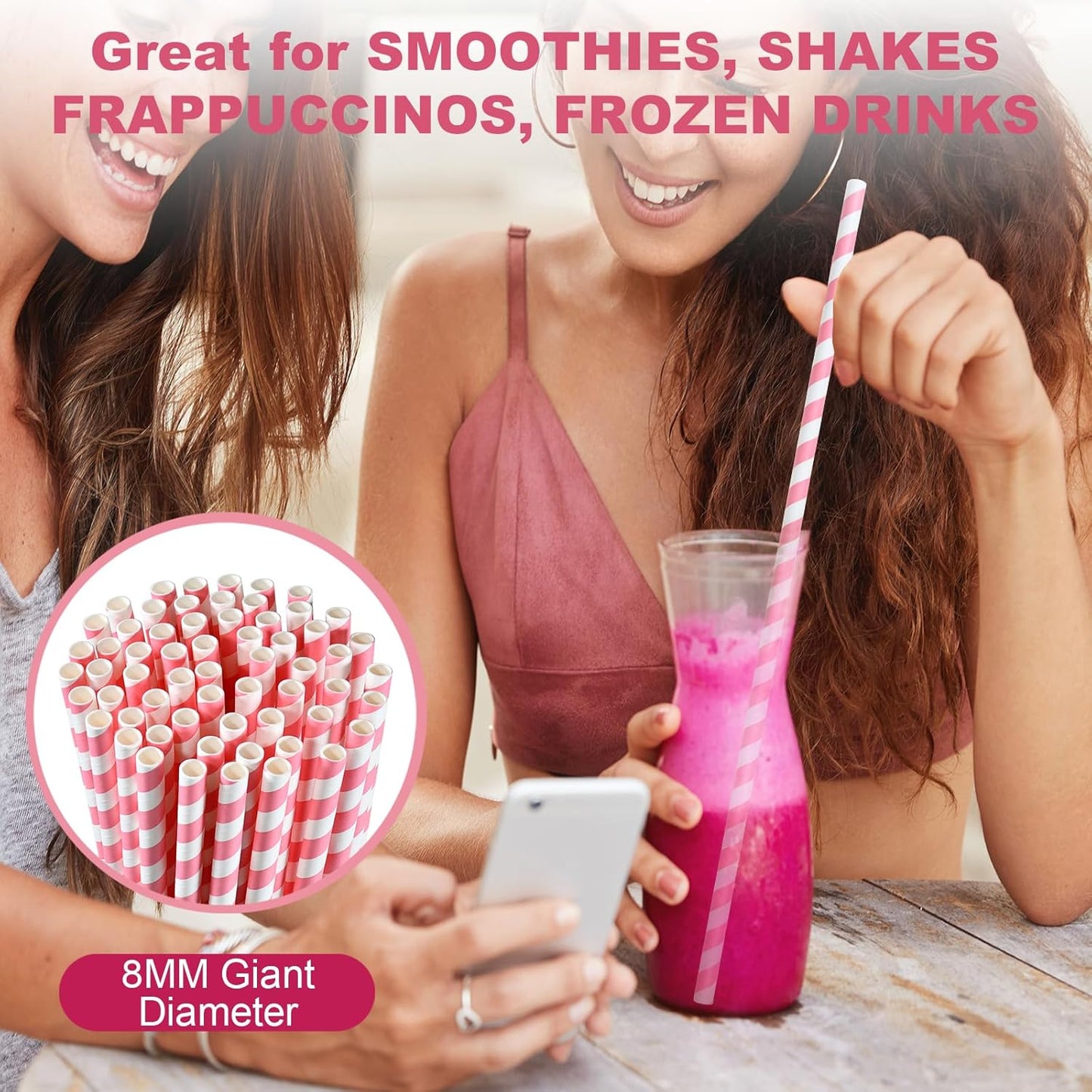 14 inch Extra Long Disposable Pink/White Striped Paper Drinking Straws 0.31" Wide - 100 Counts, Biodegradable