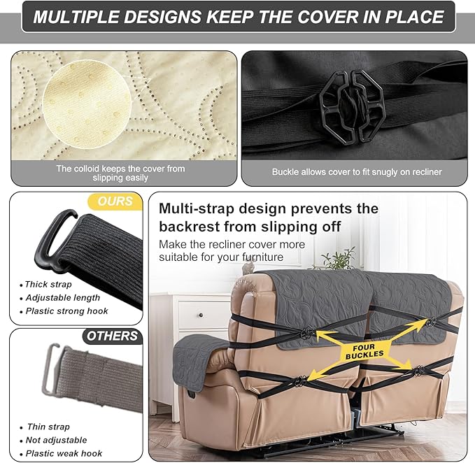 100% Waterproof Loveseat Recliner Cover, 4-Piece Split Reclining Couch Covers - Image 5