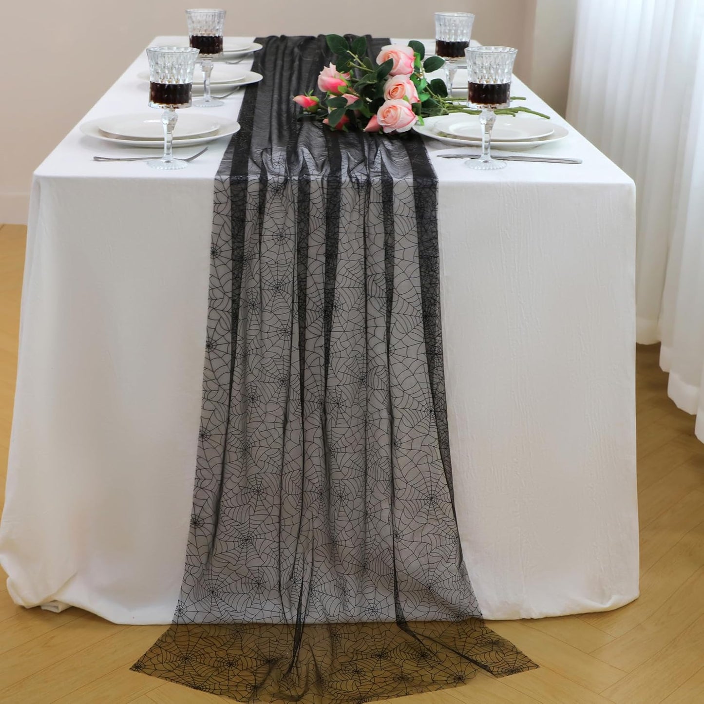 Snowkingdom Halloween Table Runner, 10 FT Black Spider Web Runners Metallic Sequin Sheer Chiffon Gauze Cheesecloth, Black Party Decorations for Halloween Kitchen Dinner Table Birthday Home Indoor