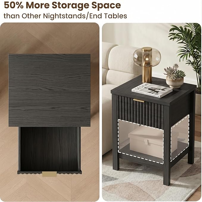 Fluted Night Stand with Golden Handle, Bedside Table with Storage Shelf - Image 4
