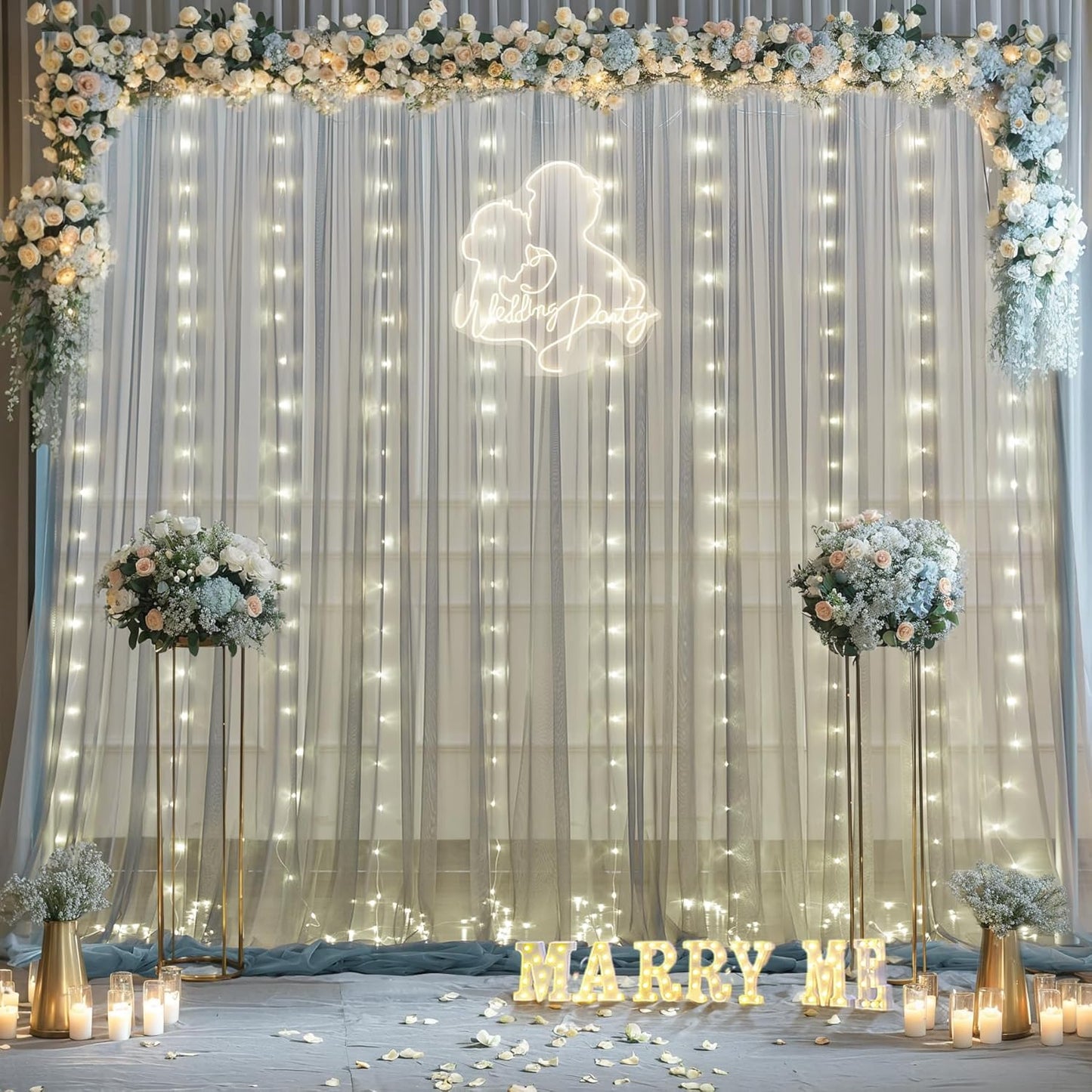 Silver Grey Tulle Backdrop Curtain with Lights String for Parites 10x8ft Sheer Backdrop Curtains for Birthday Party Bridal Shower Baby Shower Wedding Ceremony Prom Photo Booth Background Decorations