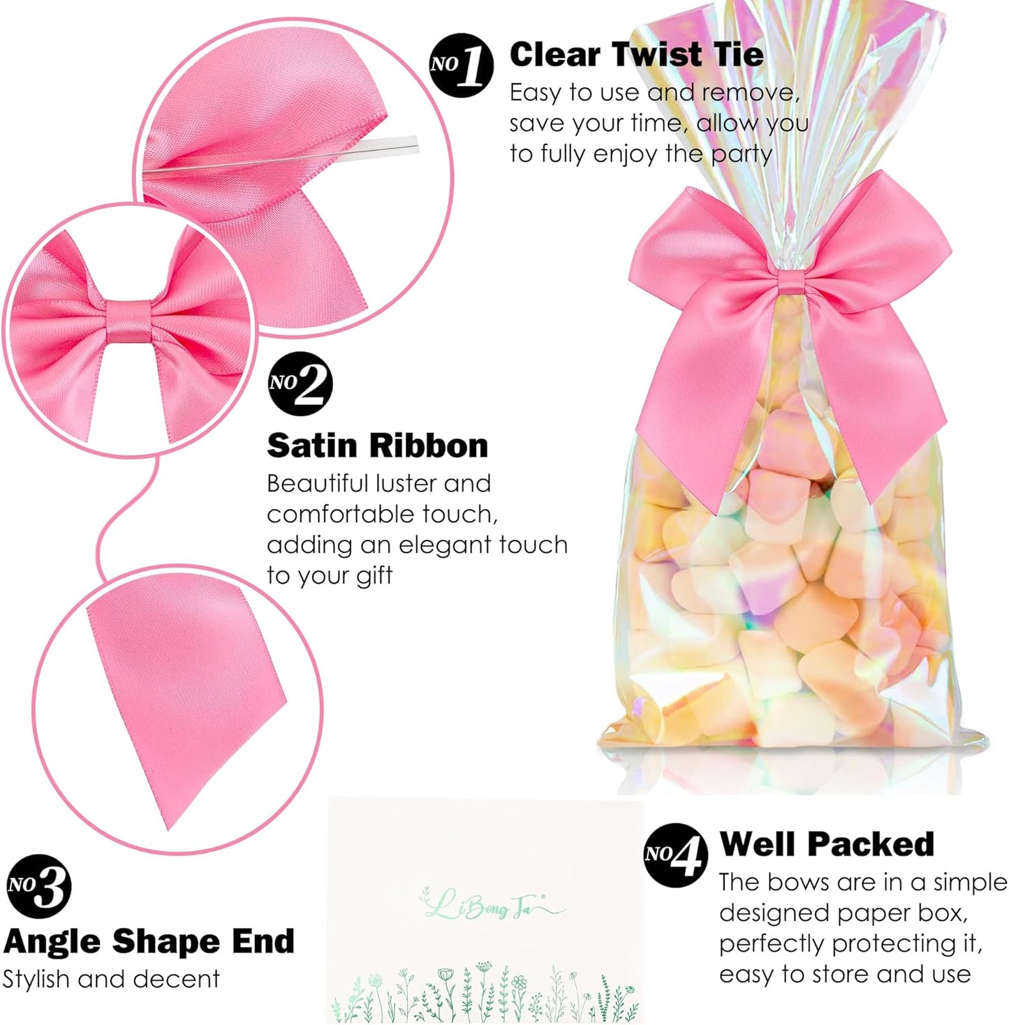 4.5" Satin Ribbon Hot Pink Bows for Gift Wrapping, Twist Tie Bows, Cute Bows for Crafts, Party Favors, Premade Bows Pre-Tied Decorative Bows for Flower Bouquets Candy Apple Bows-24 Counts