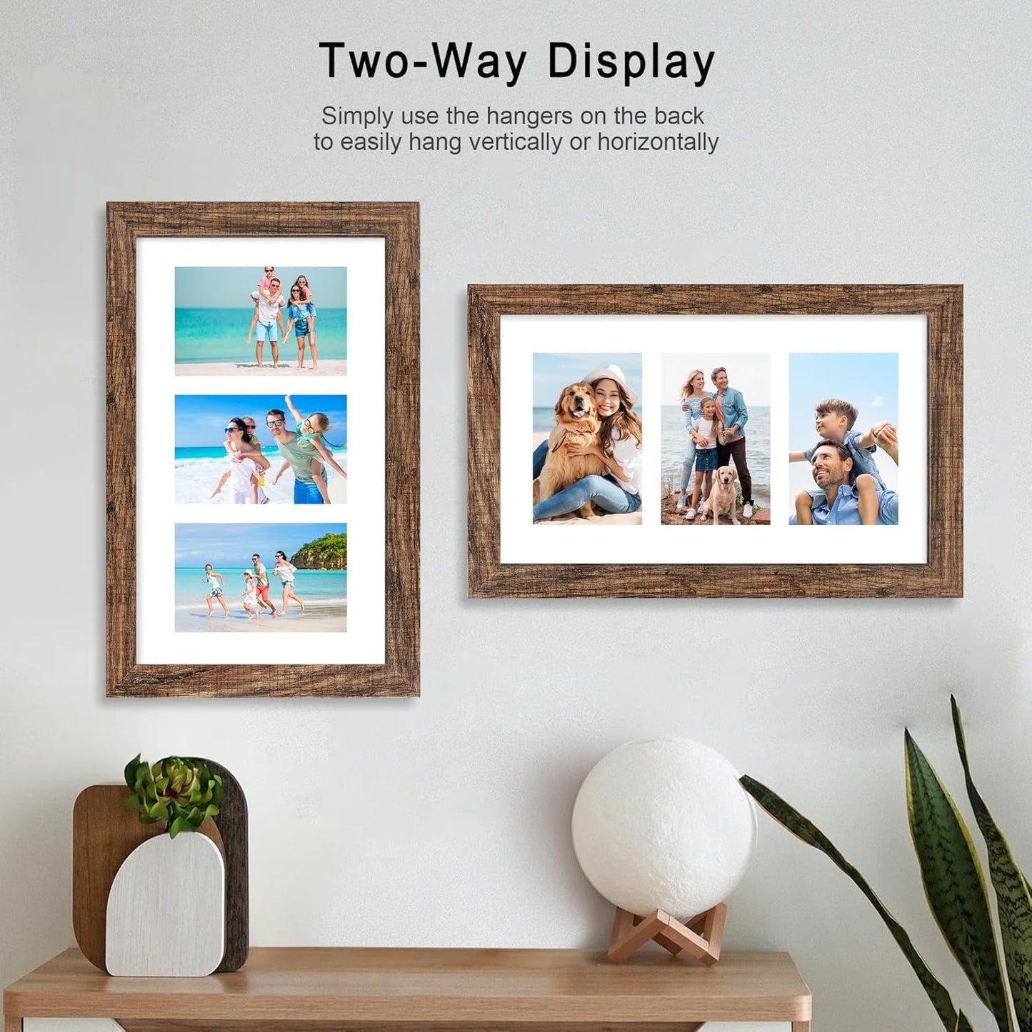 8x14 Picture Frame Set of 2, Rustic Brown Wood Frame with Glass Collage Frame, Display Pictures 3-4x6 With Mat or 8 x 14 Without Mat - Horizontal or Vertical Wall Mounting