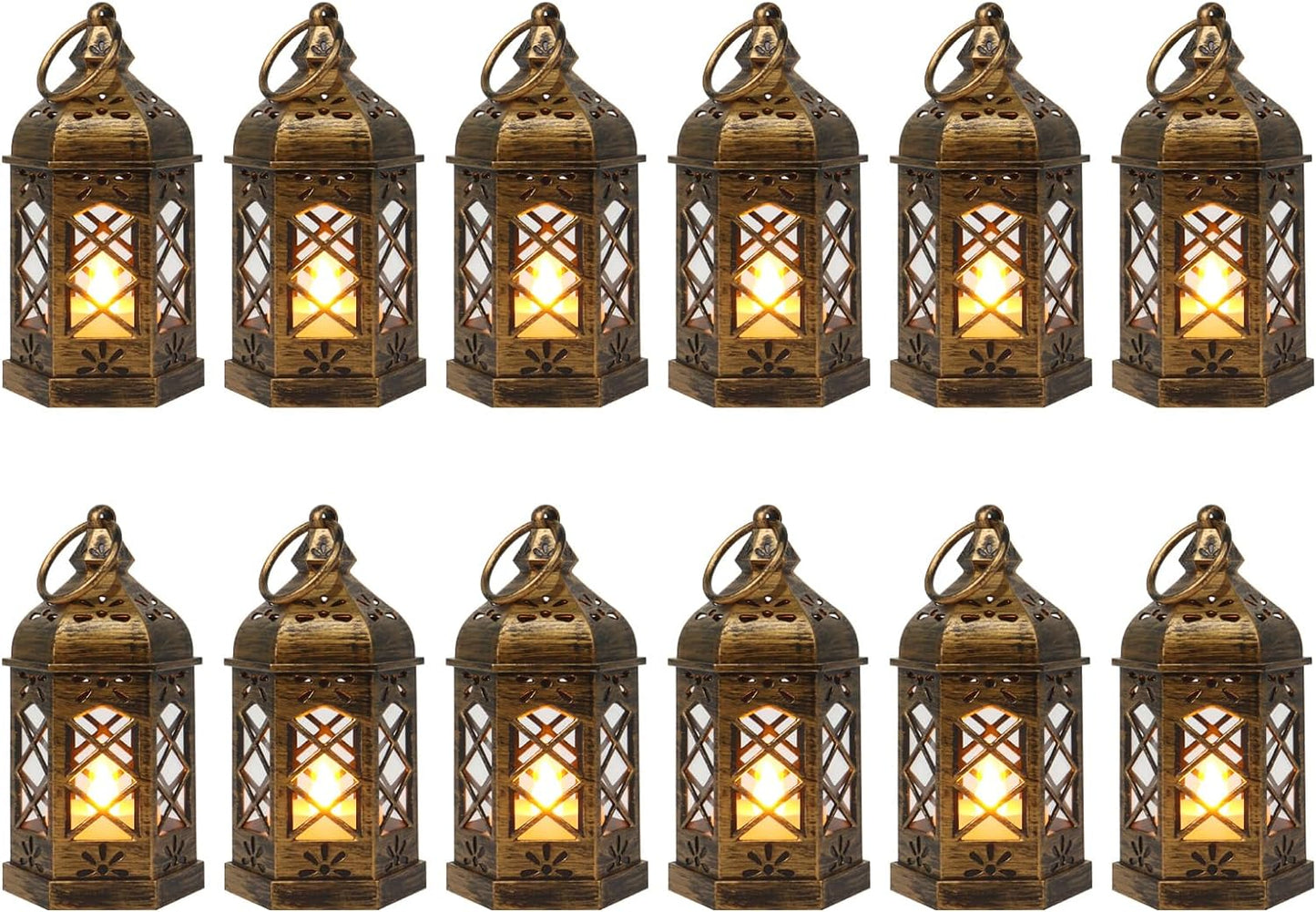 LLQ Mini Lantern with LED Candle, 12PCS Small Lanterns Decorative Indoor, Vintage Moroccan Lights for Halloween Decorations, Hanging Ornaments for Christmas, Table Centerpiece, Boho Wedding Decor
