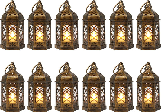 LLQ Mini Lantern with LED Candle, 12PCS Small Lanterns Decorative Indoor, Vintage Moroccan Lights for Halloween Decorations, Hanging Ornaments for Christmas, Table Centerpiece, Boho Wedding Decor