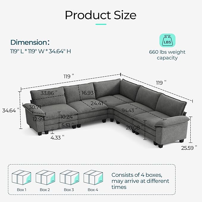 LINSY HOME Modular Sectional Sofa, 5-Seat Corduroy Modern Cloud Couch - Image 2