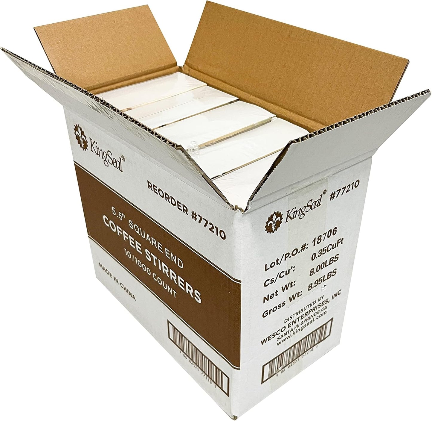 10,000 Count | KingSeal Natural Birch Wood Coffee Beverage Stirrers, Stir Sticks, 5.5 Inches, Round End, Bulk Pack - 10 Boxes x 1000 Stirrers